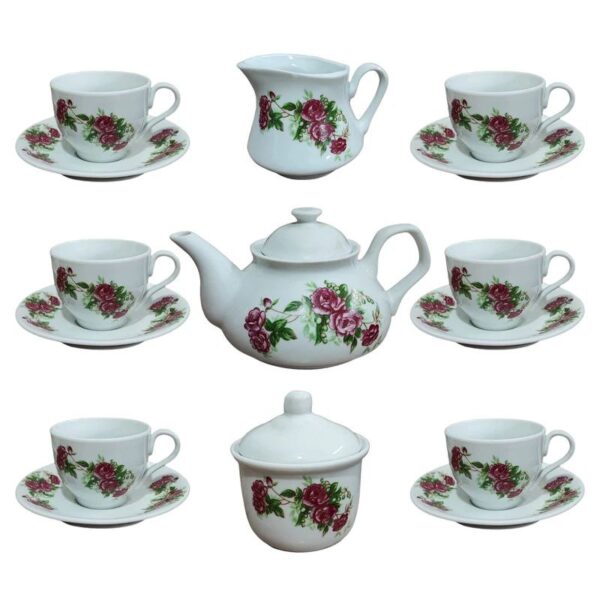 سرویس ۱۷ پارچه چای خوری چینی مدل گل سرخی