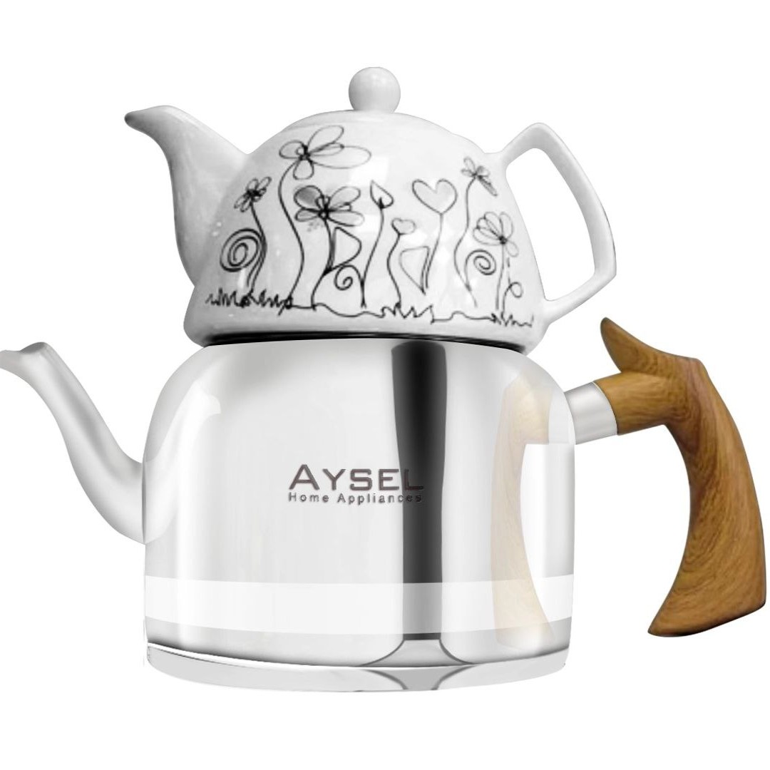 کتری قوری استیل لوله دار دسته چوبی آیسل AYSEL مدل ۲۰۰۹