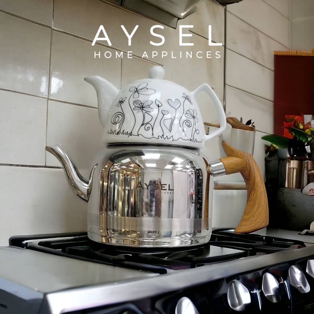 کتری قوری استیل لوله دار دسته چوبی آیسل AYSEL مدل ۲۰۰۹